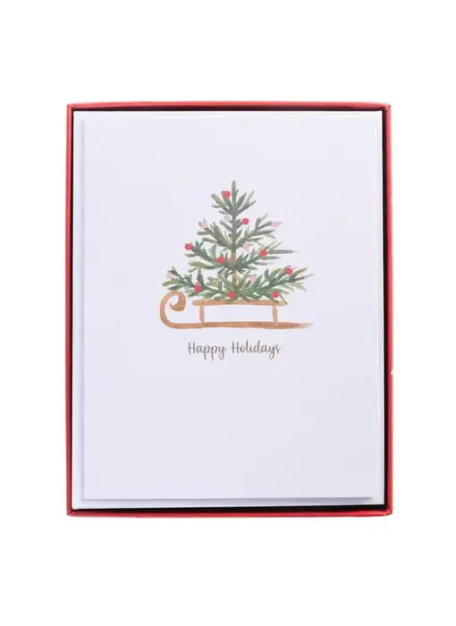 Watercolor Tree and Sleigh  Mid-Sized Holiday Boxed Cards