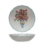 Creative Co-OP Textured Stoneware Salad Bowl w/ Flowers in Vase & Colored Rim