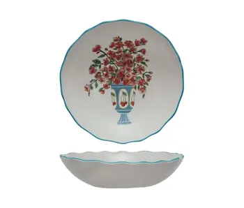 Textured Stoneware Salad Bowl w/ Flowers in Vase & Colored Rim