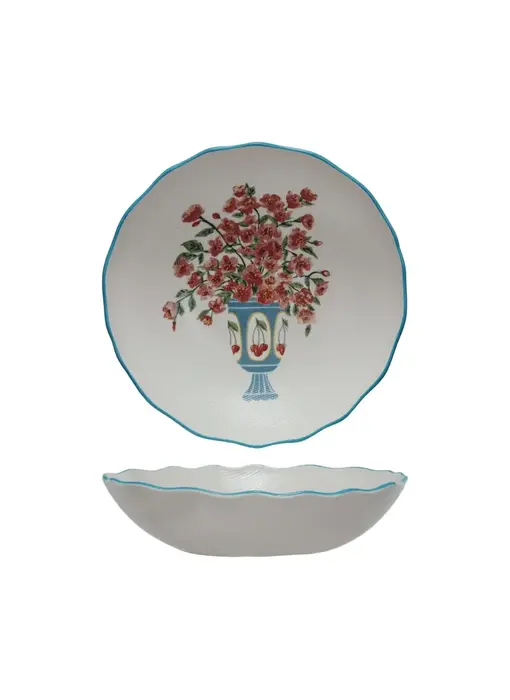 Textured Stoneware Salad Bowl w/ Flowers in Vase & Colored Rim