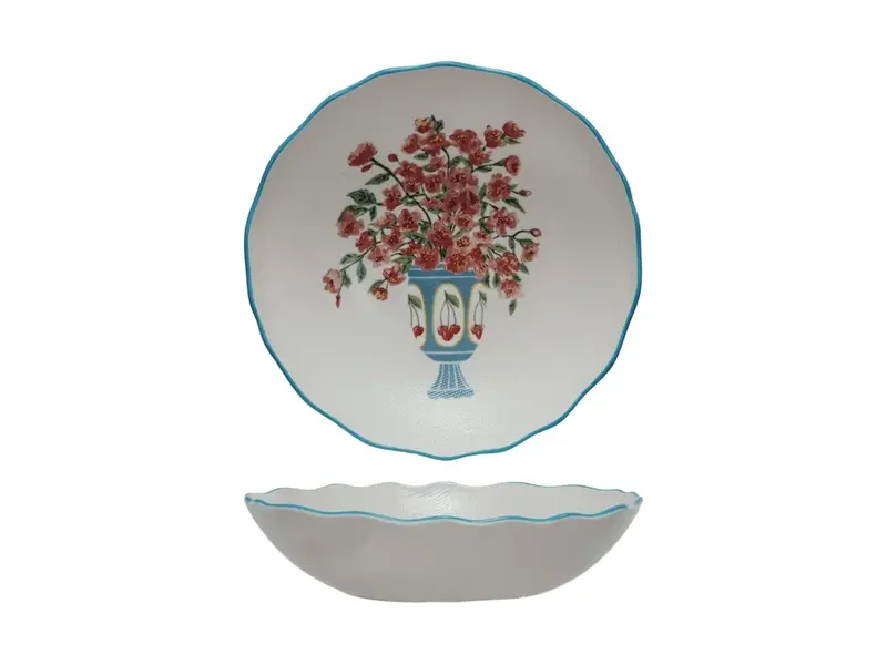 Creative Co-OP Textured Stoneware Salad Bowl w/ Flowers in Vase & Colored Rim