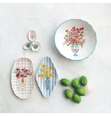 Creative Co-OP Textured Stoneware Salad Bowl w/ Flowers in Vase & Colored Rim