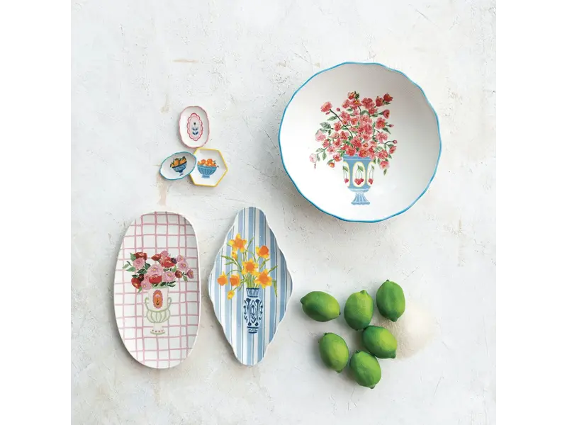 Creative Co-OP Textured Stoneware Salad Bowl w/ Flowers in Vase & Colored Rim