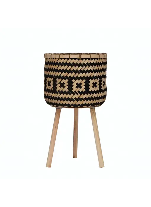 Hand-Woven Bamboo Basket with Wood Legs and Pattern