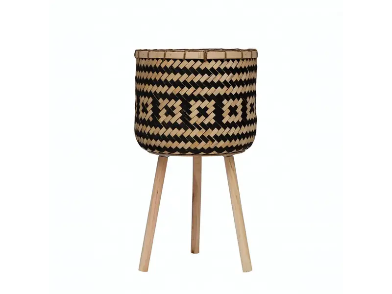 Bloomingville Hand-Woven Bamboo Basket with Wood Legs and Pattern