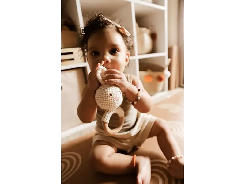 Ali + Oli Baby Teething Toy Rattle Wood Ring Crochet (Bunny)