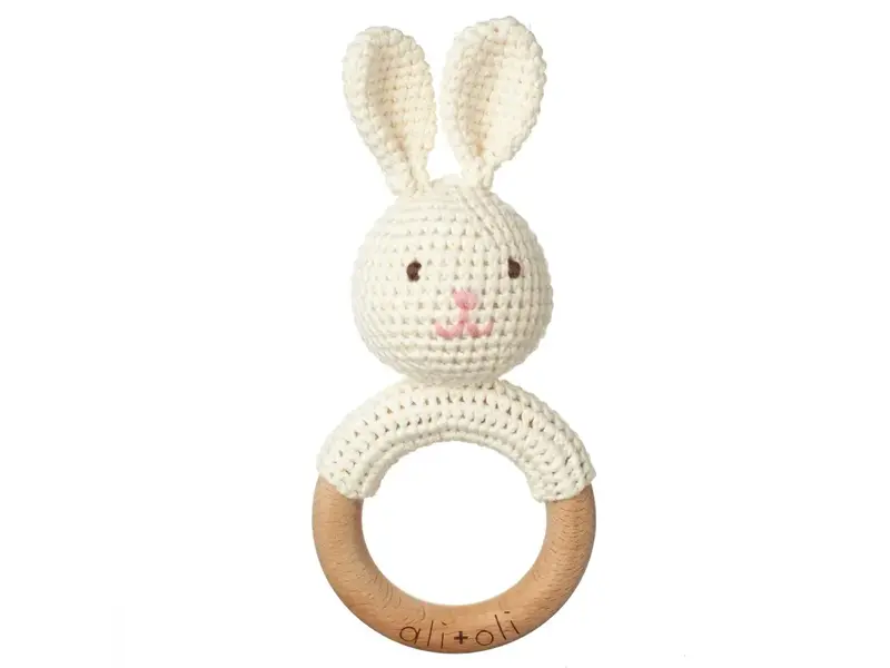 Ali + Oli Baby Teething Toy Rattle Wood Ring Crochet (Bunny)