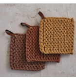 Creative Co-OP Cotton Crocheted Pot Holder w/ Leather Loop, 3 Colors - cream, brown & tan