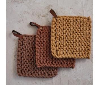 Cotton Crocheted Pot Holder w/ Leather Loop, 3 Colors - cream, brown & tan