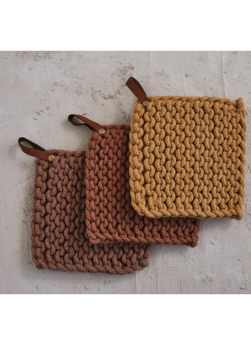 Cotton Crocheted Pot Holder w/ Leather Loop, 3 Colors - cream, brown & tan