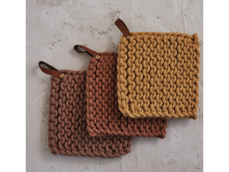 Creative Co-OP Cotton Crocheted Pot Holder w/ Leather Loop, 3 Colors - cream, brown & tan