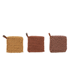 Creative Co-OP Cotton Crocheted Pot Holder w/ Leather Loop, 3 Colors - cream, brown & tan