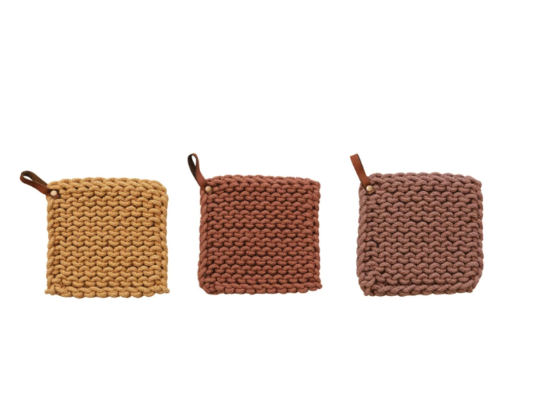 Creative Co-OP Cotton Crocheted Pot Holder w/ Leather Loop, 3 Colors - cream, brown & tan