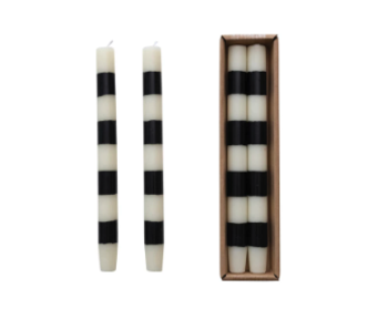 Taper Candles w/ B&W Stripes in Box, Set of 2, 10" H