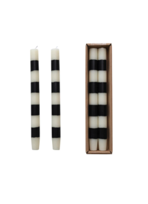 Taper Candles w/ B&W Stripes in Box, Set of 2, 10" H