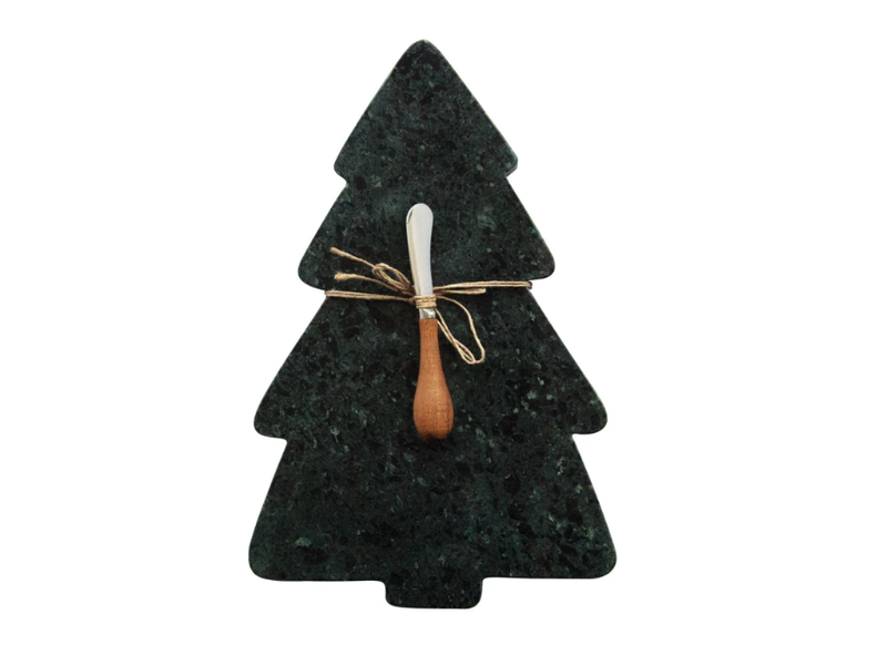 Creative Co-OP Marble Tree Shaped Cheese/Cutting Board w/ Canape Knife, Set of 2