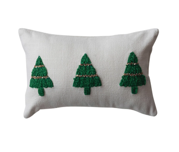 Lumbar Pillow w/ Embroidered Christmas Trees & Beads, 14"L x 9"H