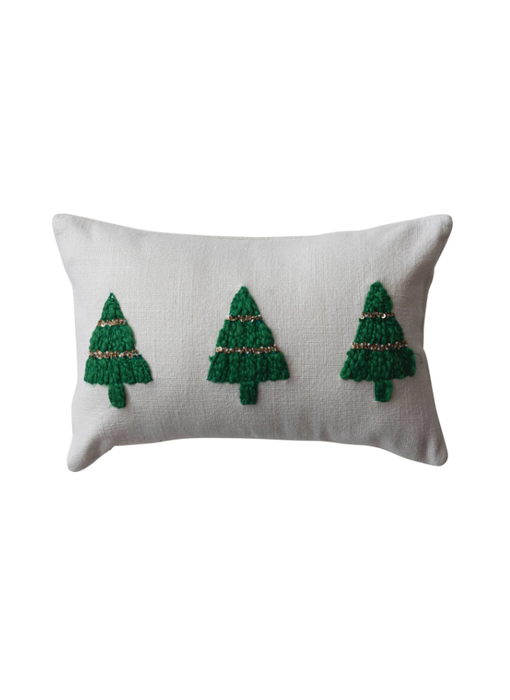 Lumbar Pillow w/ Embroidered Christmas Trees & Beads, 14"L x 9"H