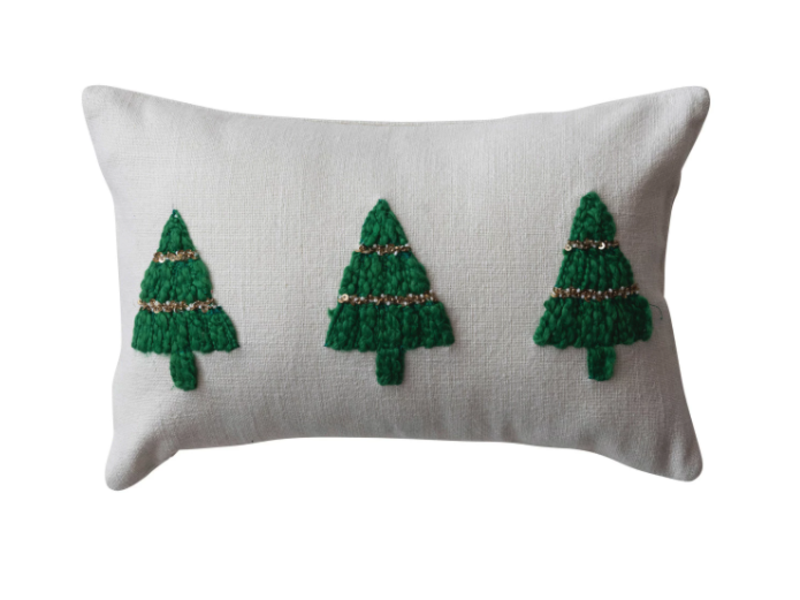 Creative Co-OP Lumbar Pillow w/ Embroidered Christmas Trees & Beads, 14"L x 9"H