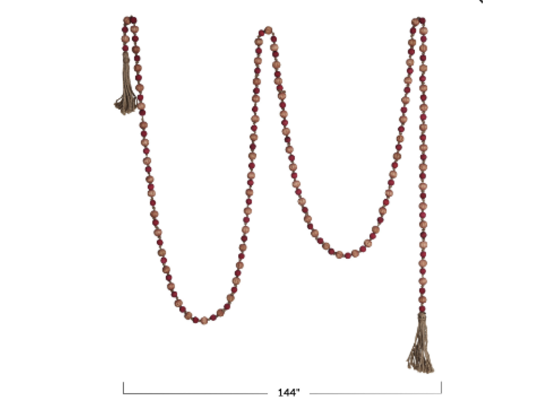 Creative Co-OP Paulownia Wood Bead Garland w/ Jute Tassels, Pink & Red; 12ft L