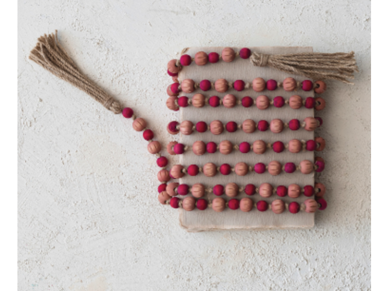 Creative Co-OP Paulownia Wood Bead Garland w/ Jute Tassels, Pink & Red; 12ft L