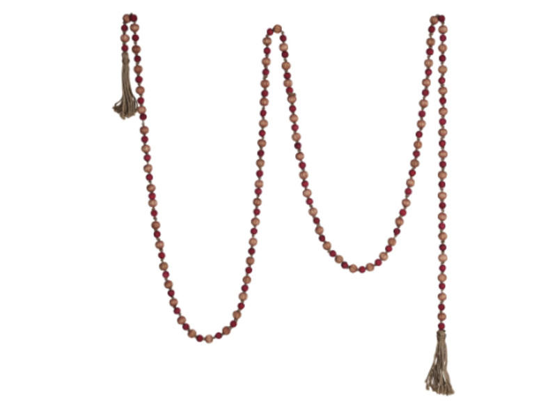 Creative Co-OP Paulownia Wood Bead Garland w/ Jute Tassels, Pink & Red; 12ft L