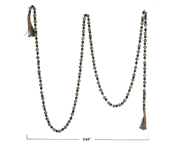 Paulownia Wood Bead Garland w/ Jute Tassels, Green & Blue; 12ft L