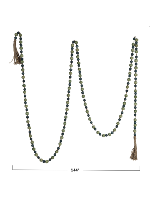 Paulownia Wood Bead Garland w/ Jute Tassels, Green & Blue; 12ft L