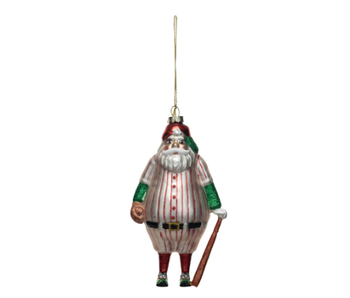 Glass Santa in Baseball Outfit Ornament w/ Bat & Glitter, Multi Color