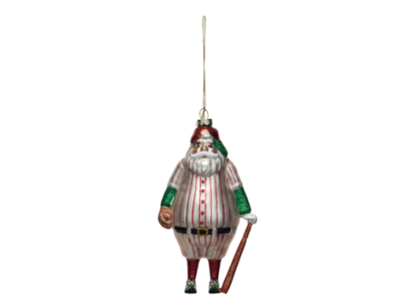 Creative Co-OP Glass Santa in Baseball Outfit Ornament w/ Bat & Glitter, Multi Color