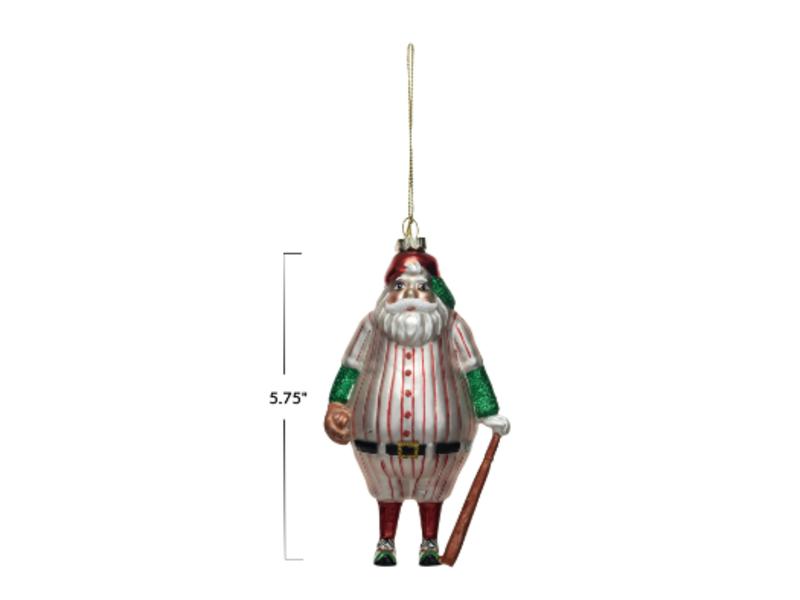 Creative Co-OP Glass Santa in Baseball Outfit Ornament w/ Bat & Glitter, Multi Color