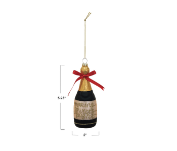 Glass Champagne Bottle Ornament w/ Red Bow & Glitter