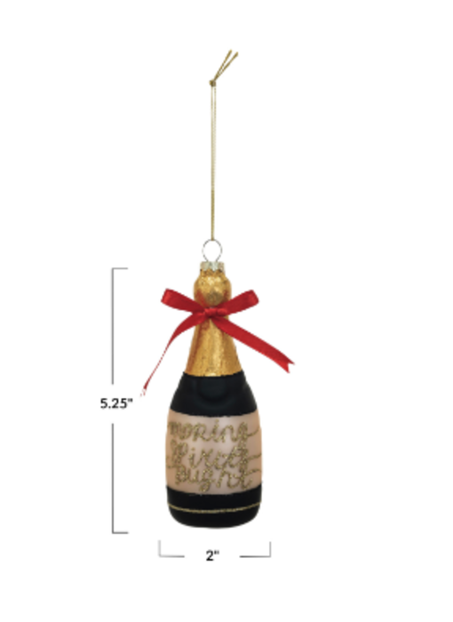 Glass Champagne Bottle Ornament w/ Red Bow & Glitter