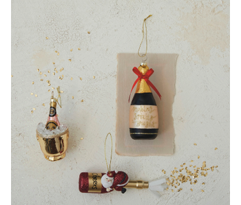 Glass Champagne Bottle Ornament w/ Resin Santa & Glitter