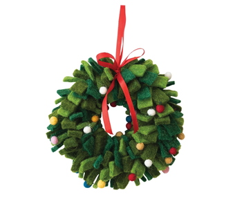 Handmade Wool Felt Wreath Ornament, 7" Round, Green