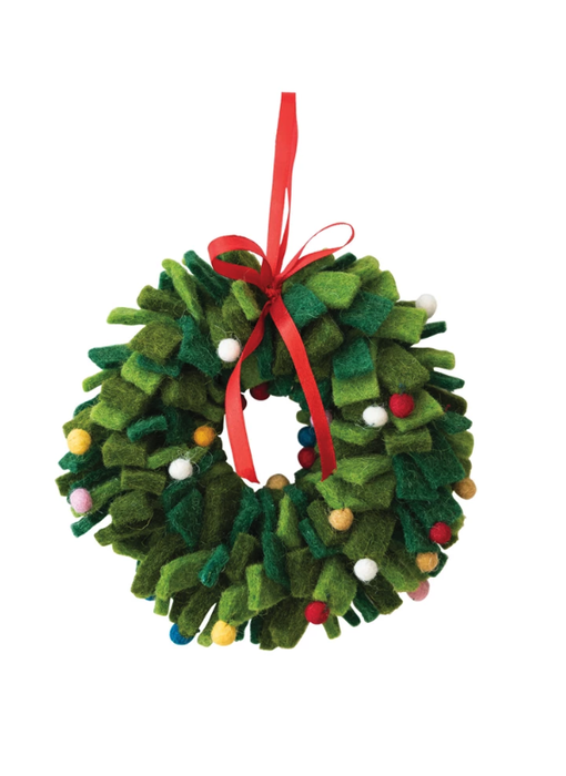 Handmade Wool Felt Wreath Ornament, 7" Round, Green