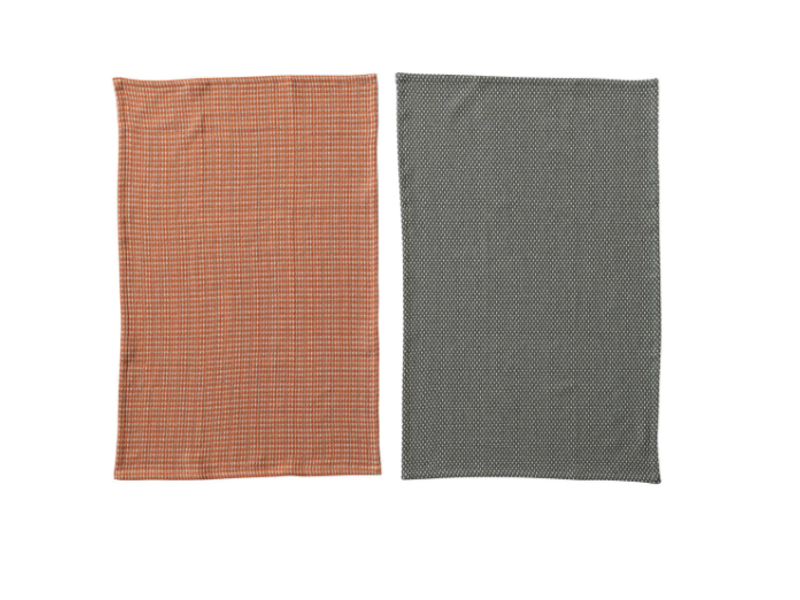 Creative Co-OP Woven Cotton Dobby Tea Towels, Orange & Charcoal, Set of 2