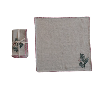 Cotton & Linen Napkins w/ Hand-Embroidered Holly, Set of 4