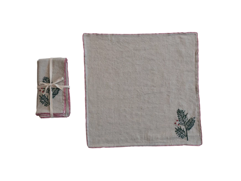 Creative Co-OP Cotton & Linen Napkins w/ Hand-Embroidered Holly, Set of 4