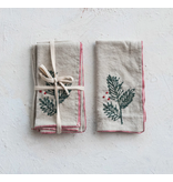 Creative Co-OP Cotton & Linen Napkins w/ Hand-Embroidered Holly, Set of 4