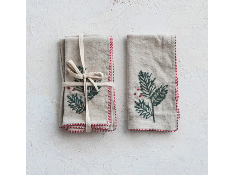 Creative Co-OP Cotton & Linen Napkins w/ Hand-Embroidered Holly, Set of 4