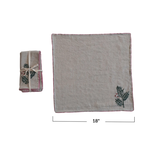 Creative Co-OP Cotton & Linen Napkins w/ Hand-Embroidered Holly, Set of 4