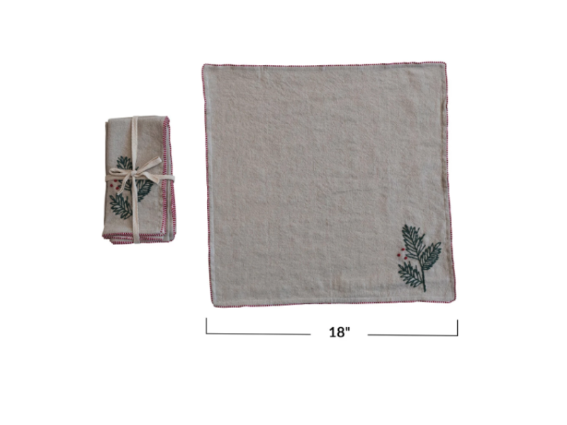 Creative Co-OP Cotton & Linen Napkins w/ Hand-Embroidered Holly, Set of 4