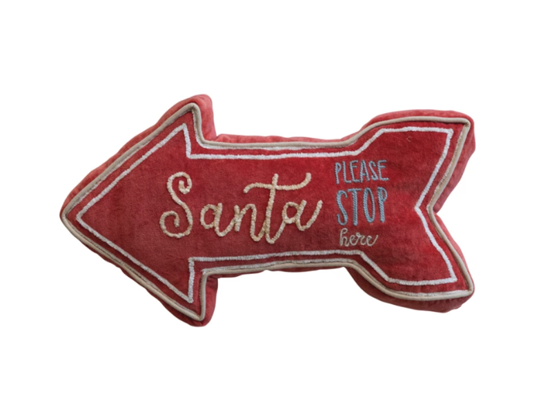 Creative Co-OP "Santa Stop Here" Velvet Arrow Shaped Lumbar Pillow