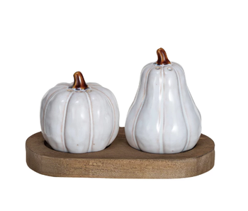 Stoneware Pumpkin/Gourd Salt & Pepper Shakers w/ Wood Tray, Set of 3