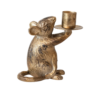 Cast Aluminum Mouse Taper Holder, Antique Gold Finish