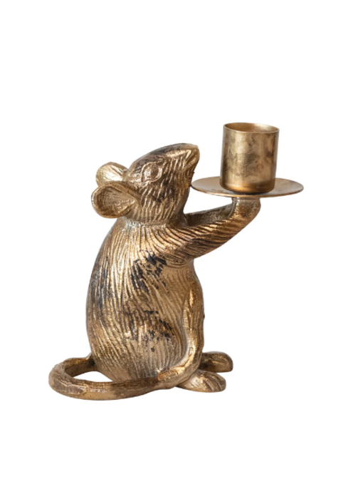 Cast Aluminum Mouse Taper Holder, Antique Gold Finish