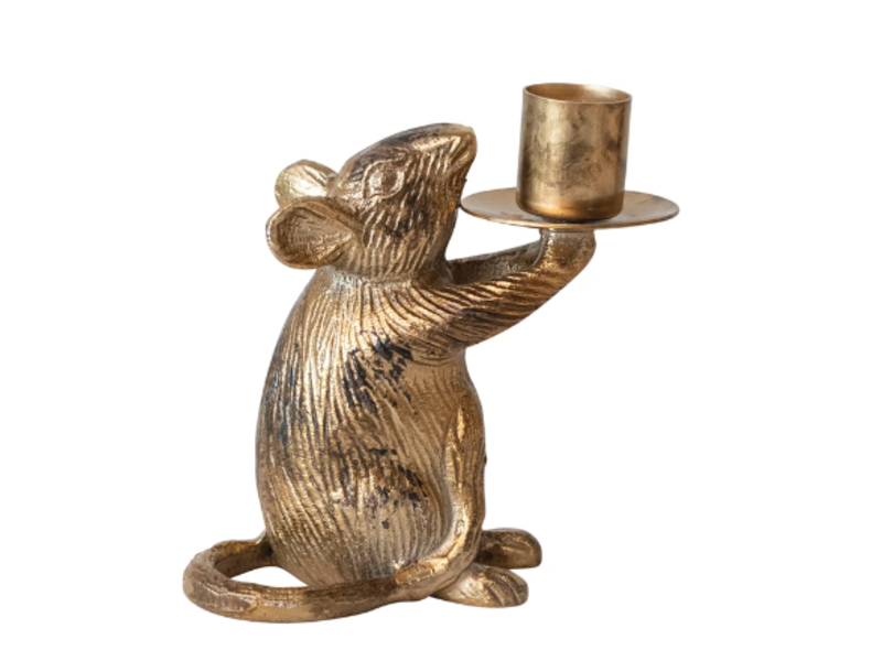 Creative Co-OP Cast Aluminum Mouse Taper Holder, Antique Gold Finish