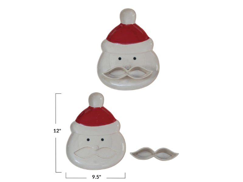 Creative Co-OP Stoneware Santa Head Shaped Platter w/ Mustache Dish, Set of 2