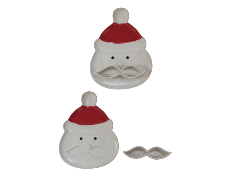 Creative Co-OP Stoneware Santa Head Shaped Platter w/ Mustache Dish, Set of 2